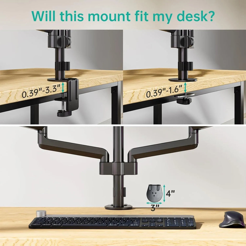 Black aluminium gas spring monitor arm holding a 27-inch computer screen