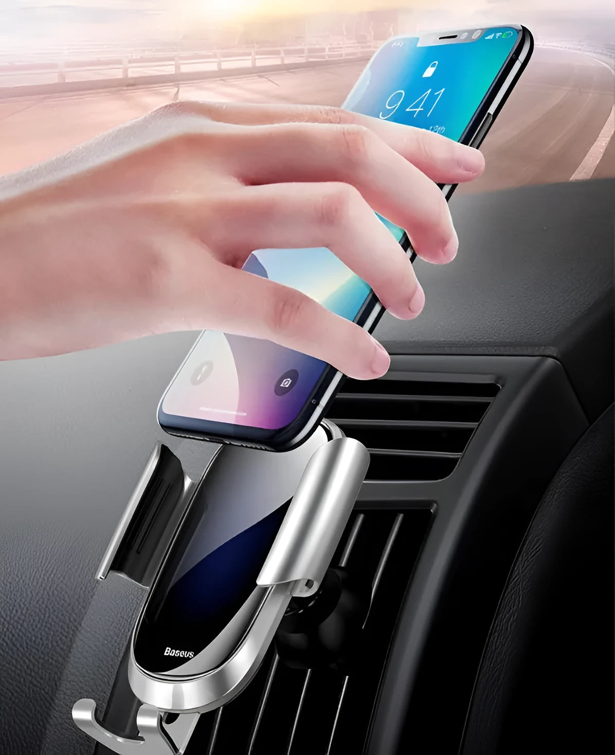 Universal car bracket phone holder mounted on dashboard holding smartphone