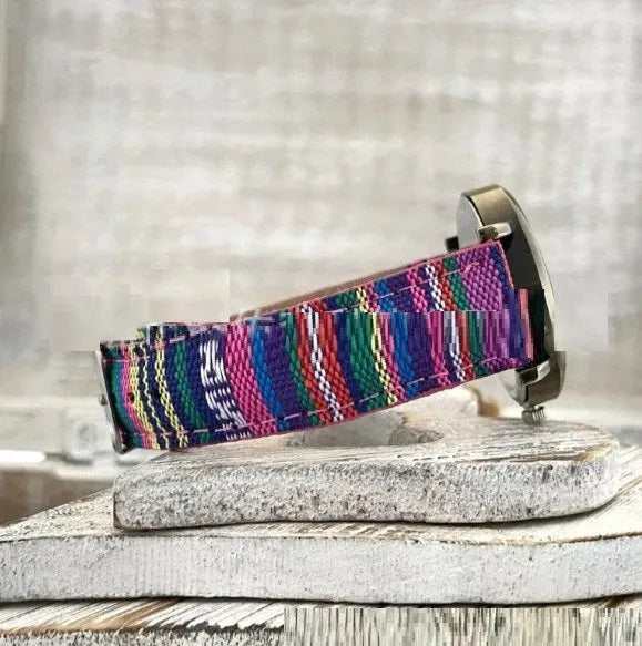 Ladies watch with multicolor rainbow pattern dial, antique bronze face, and PU leather strap