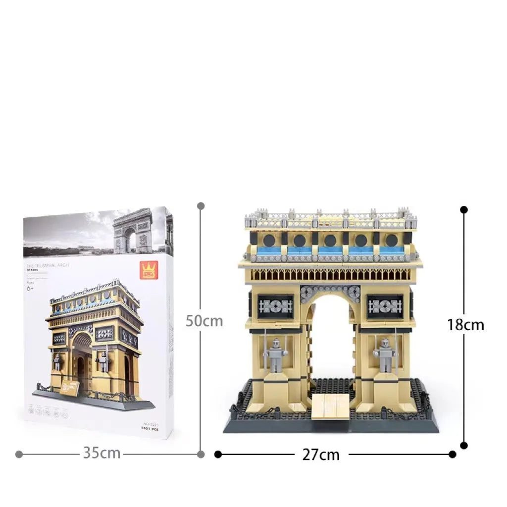 Wange building block set showing over 800 small ABS plastic pieces for constructing global landmark models.