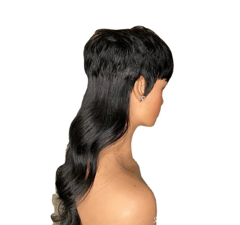 Brazilian black wig with front bangs, short back, and long hair in T7262 colour