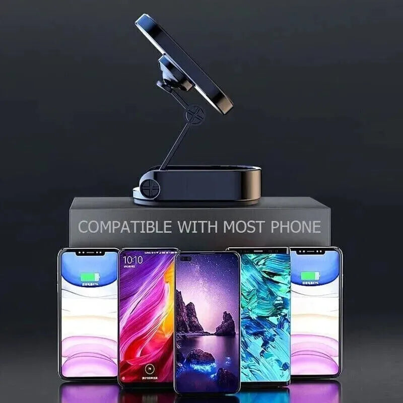 Chrome folding magnetic car phone holder mounted on a dashboard, shown in both extended and compact folded positions.