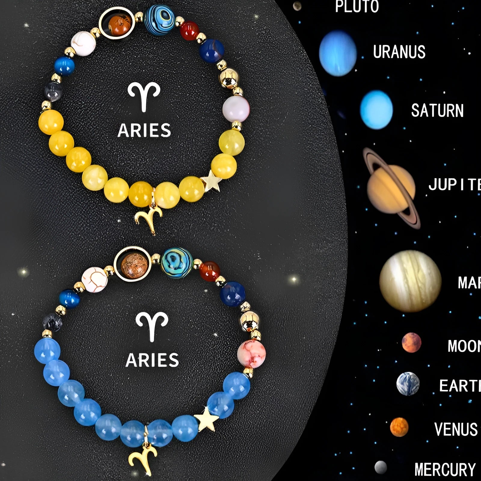 Twelve zodiac sign natural stone beaded bracelet set showing adjustable design and astrological symbols