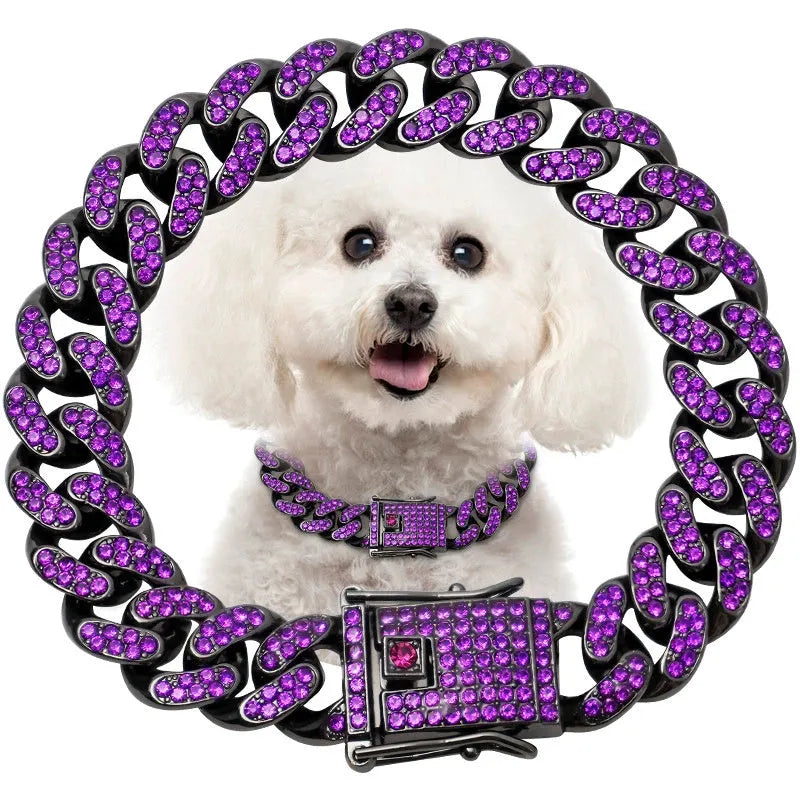Gold alloy hip hop dog collar necklace with diamond pattern, 12.5mm width, on a white background.