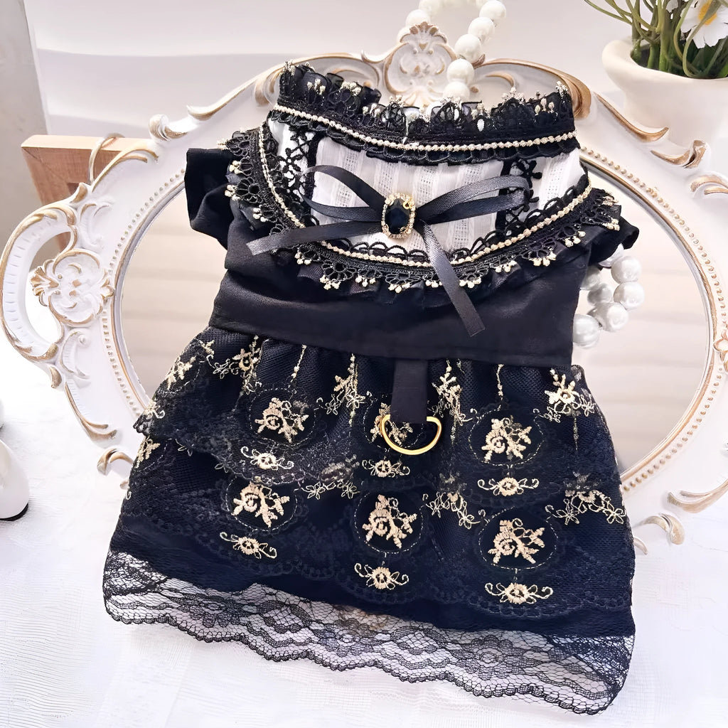 Golden gothic princess skirt dress for a small dog or cat on a mannequin.