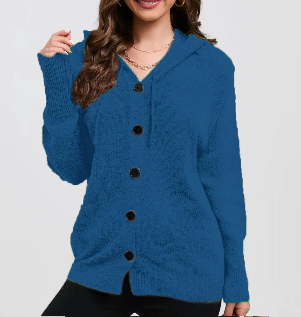 Women's solid colour hooded cotton cardigan sweater in a loose fit, shown in one of six available colours.