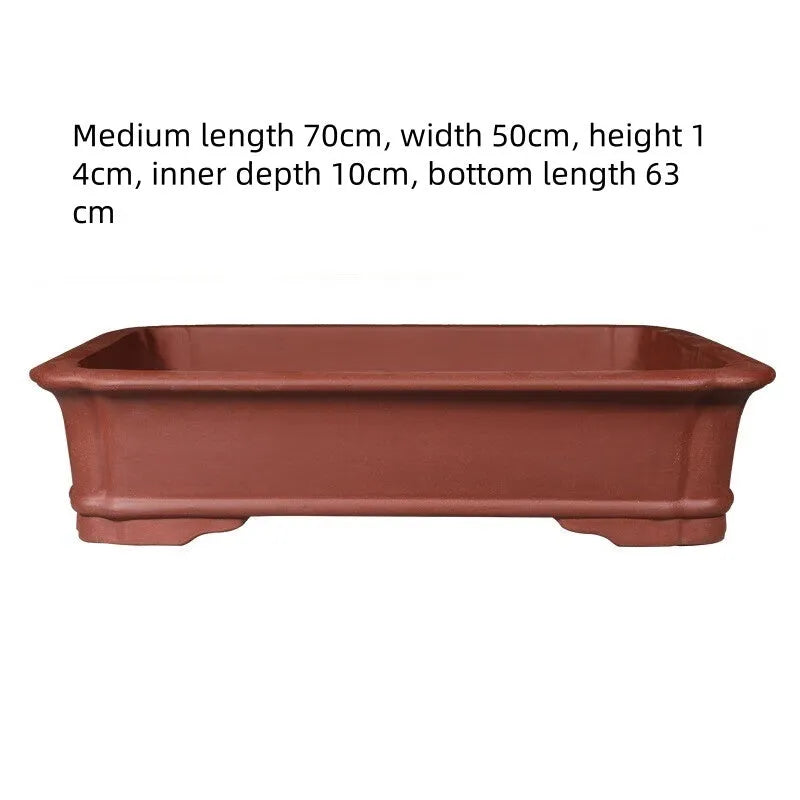 Large rectangular purple clay bonsai flowerpot shown in three available sizes for garden or indoor use.