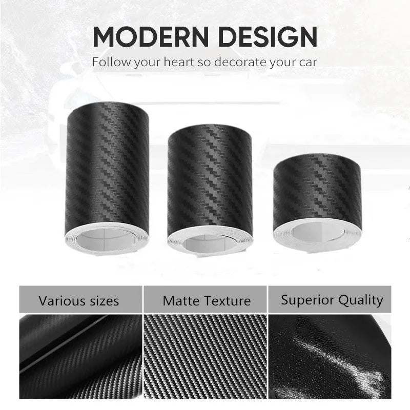 Matte black 3D carbon fibre adhesive protection roll for car door sills in various widths.