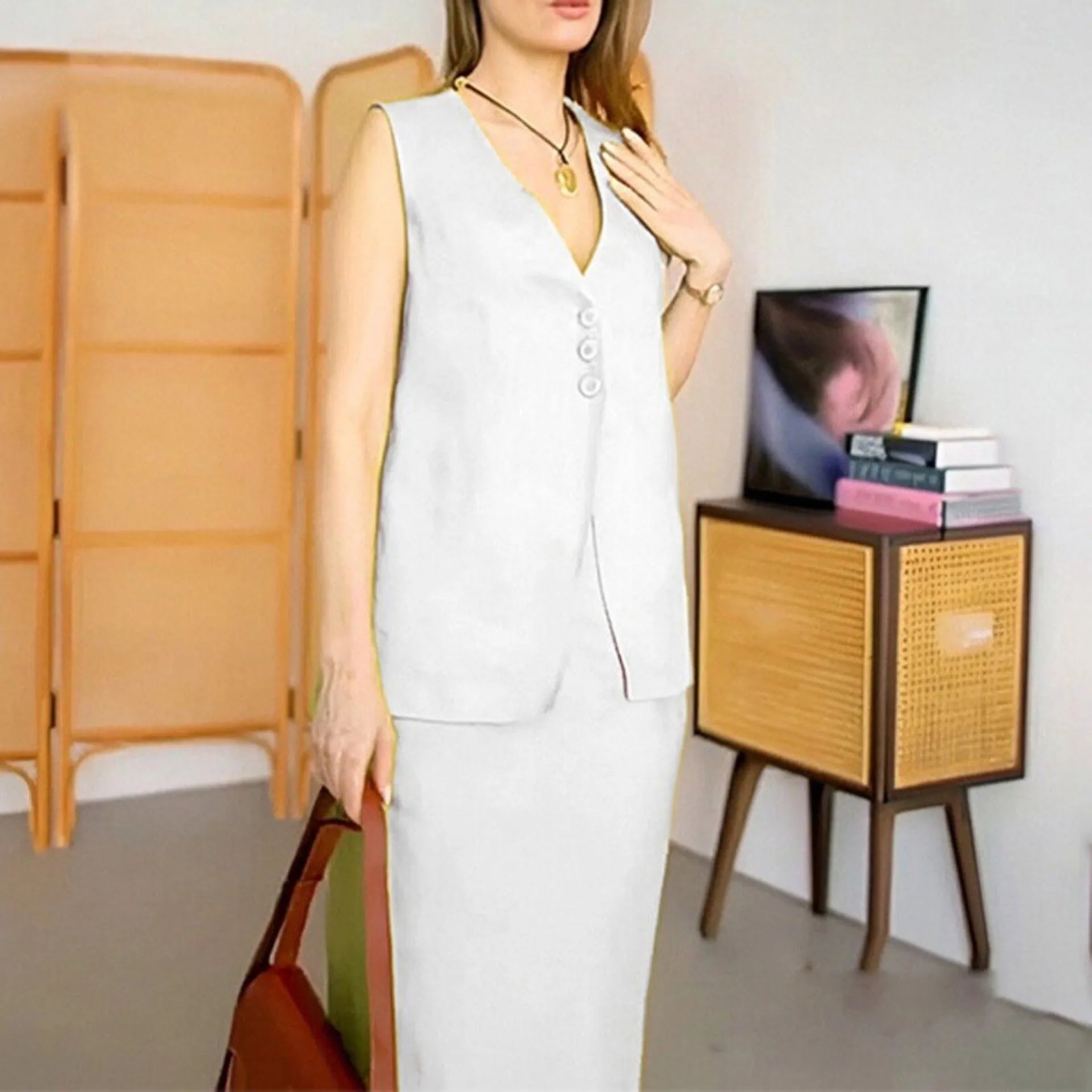 Women's sleeveless two-piece suit with vest and long skirt in polyester fabric