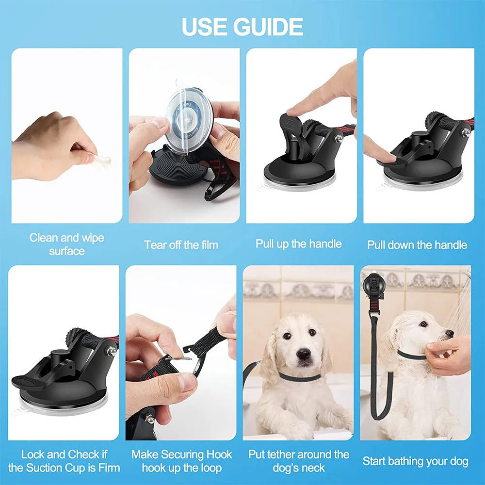 Pet bathing restraint suction cup handcuffs in black and blue with small and large suction cup sizes