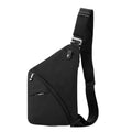 Men's black Oxford cloth chest bag worn across shoulder with letter detail
