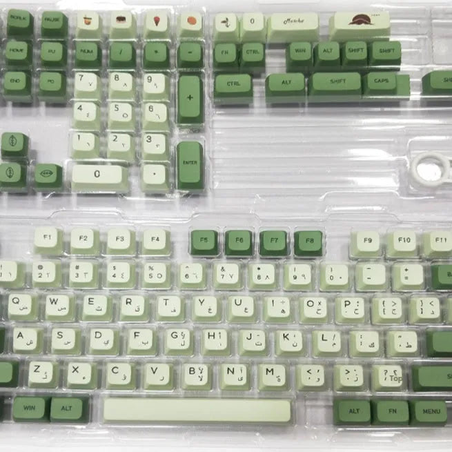 124 Key Matcha green and beige PBT keycap set for mechanical keyboards, showing multiple language layout options.