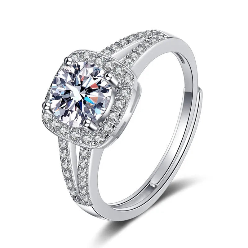 925 silver ring with 1 carat moissanite stone double row square bag design