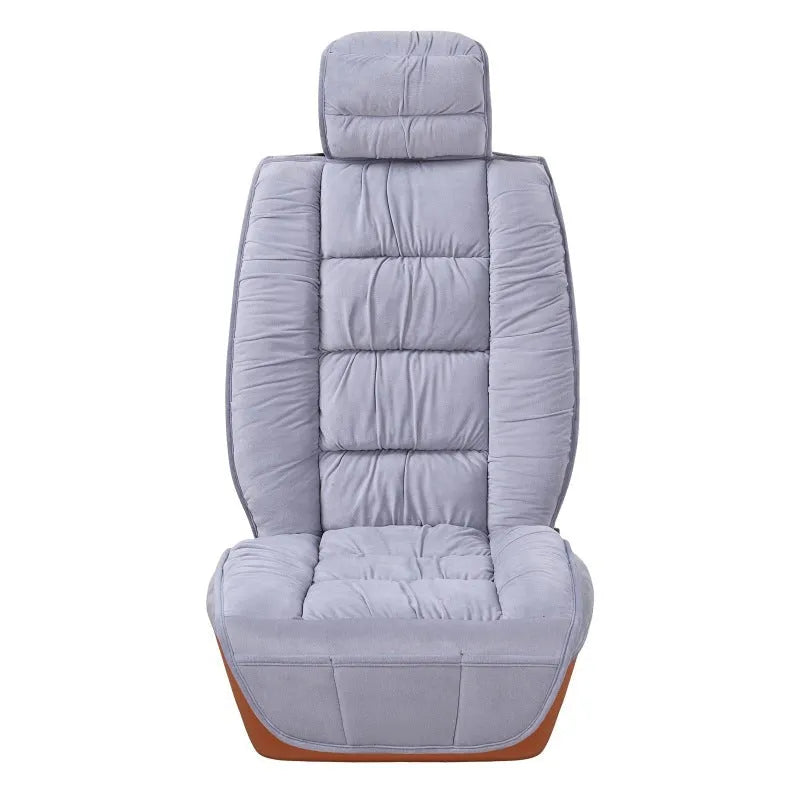 Short plush winter car seat cushion in grey, showing soft texture and universal fit design.