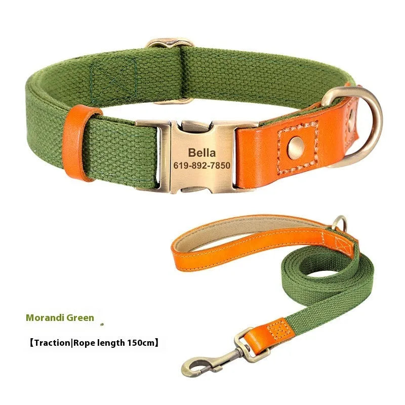 Small dog mohair collar and matching traction rope in green, shown with coordinating lettering.
