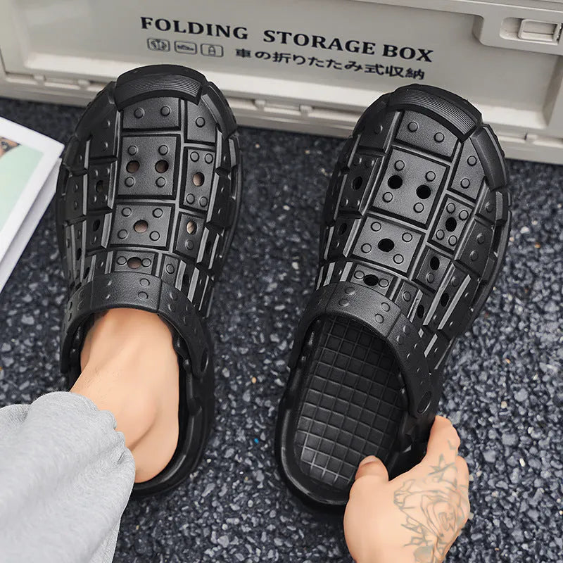 Men's sand-coloured EVA slippers with a thick sole and toe holder design on a plain background.
