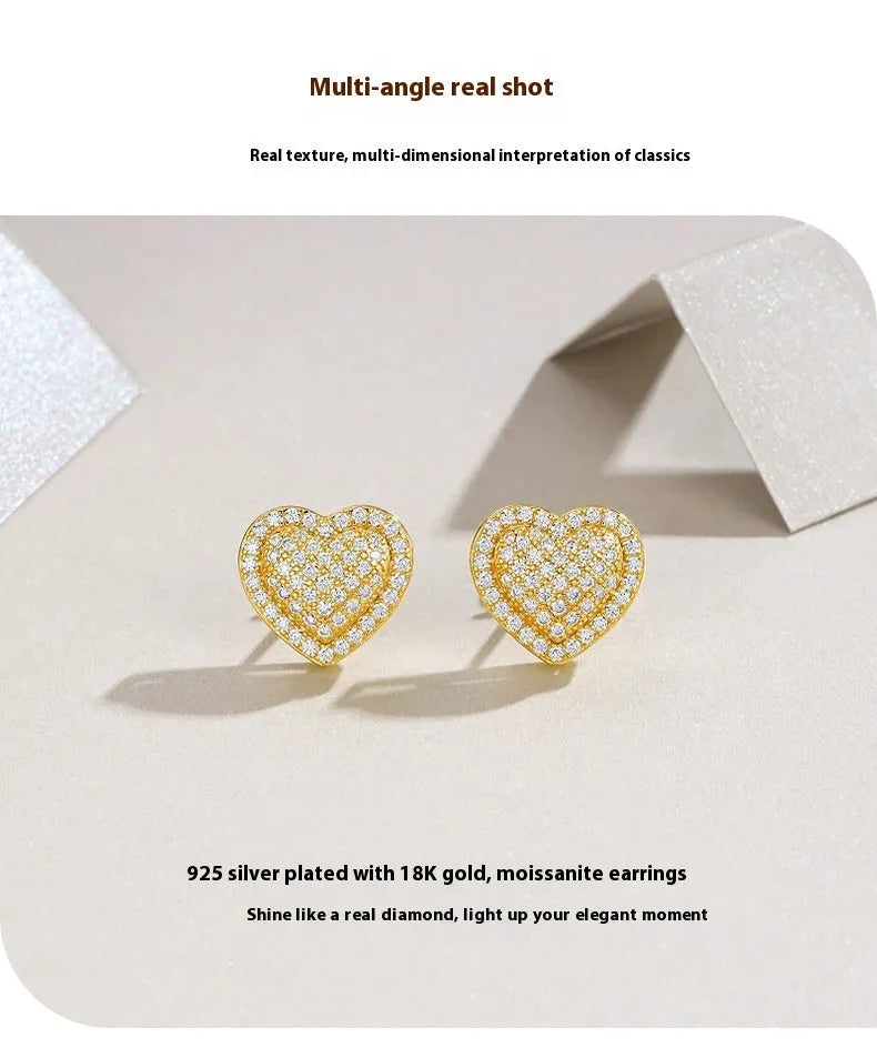 Golden heart-shaped moissanite stud earrings on S925 silver with gold plating