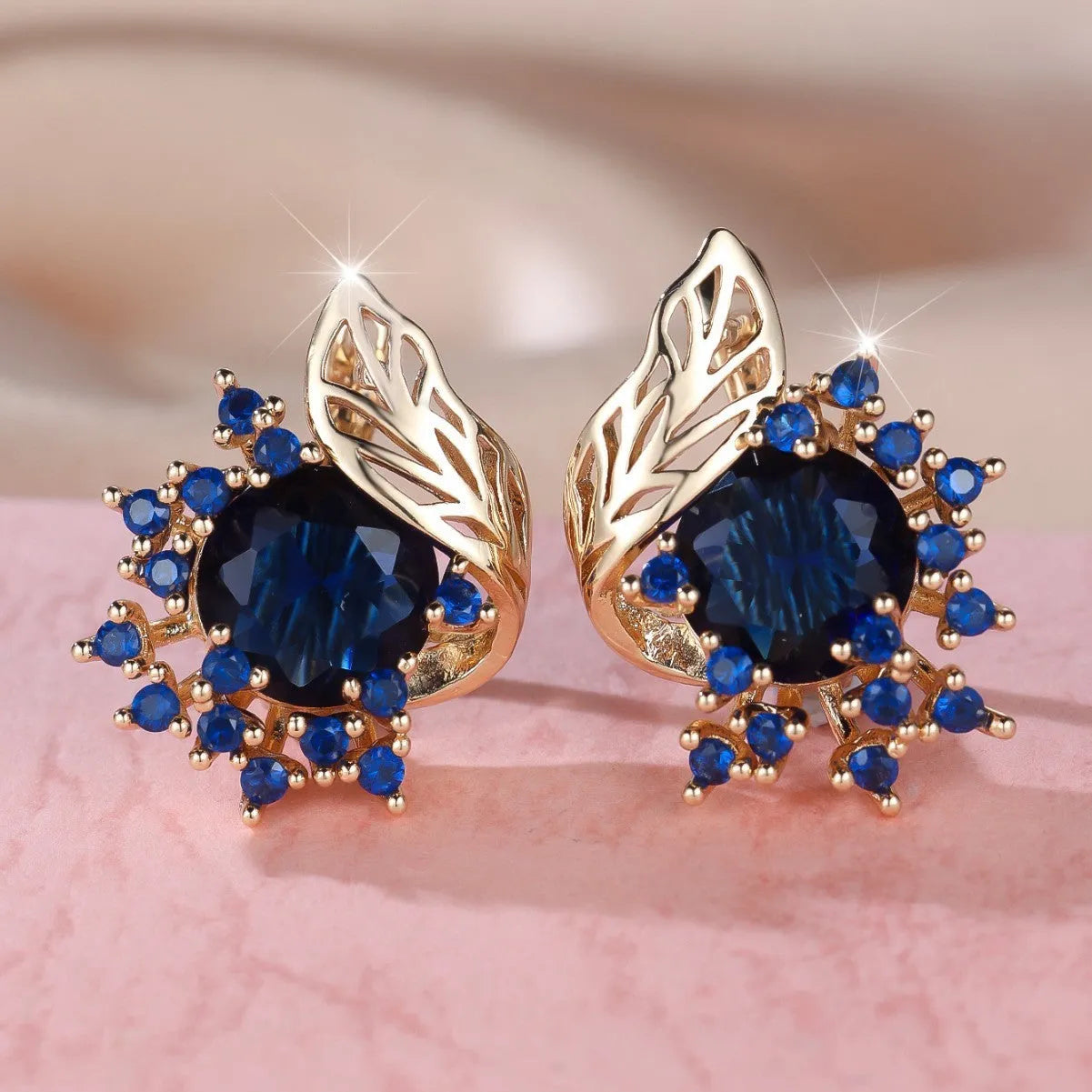 Round flower feather earrings with zircon stones in champagne gold finish, six colour options