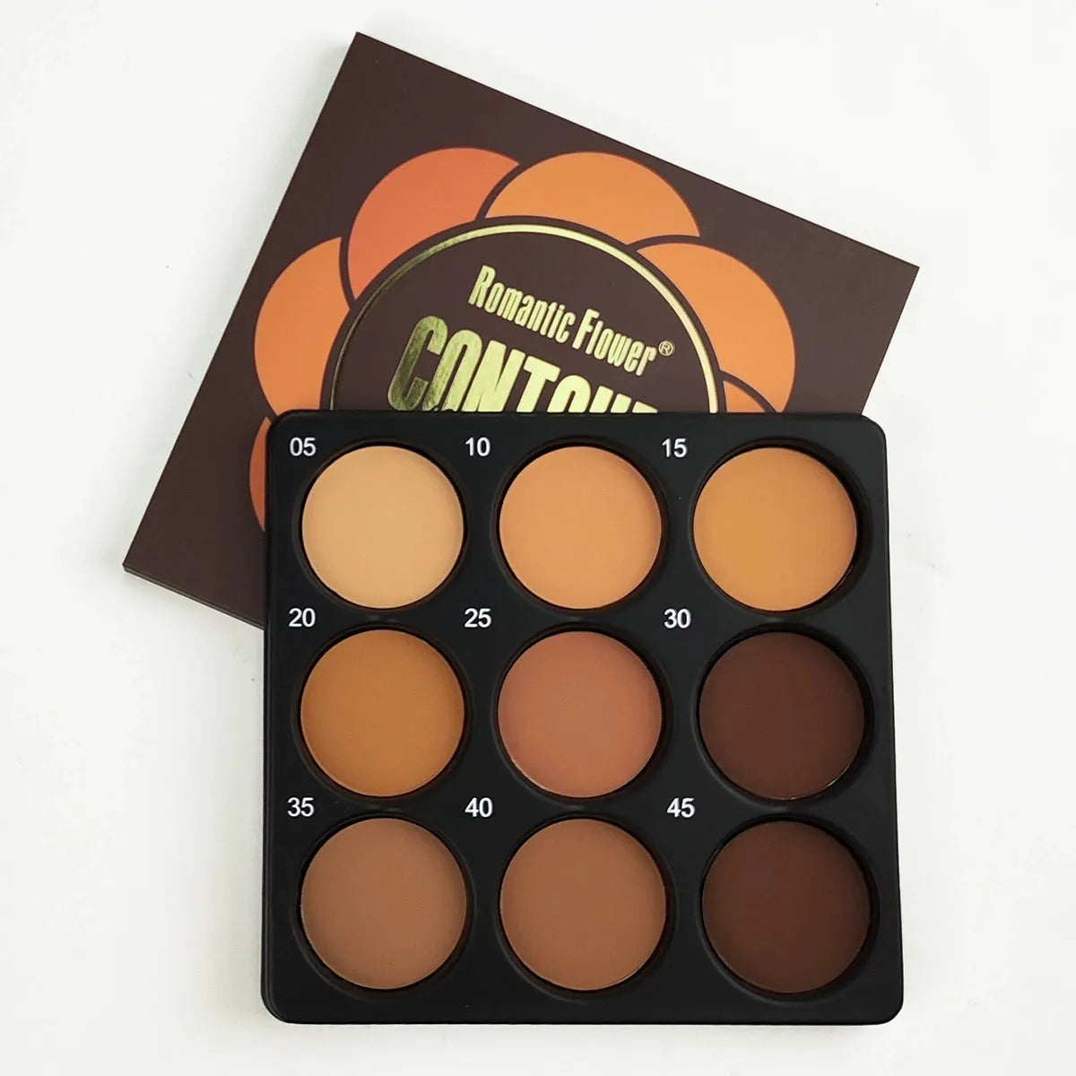Makeup palette showing nine dark matte eyeshadow colours with waterproof long-lasting formulation