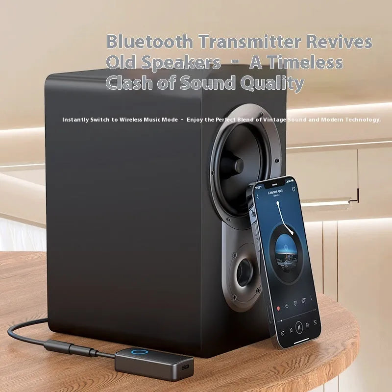 Black Bluetooth 5.4 audio adapter with a 3.5mm aux plug for wireless sound receiving and transmitting.
