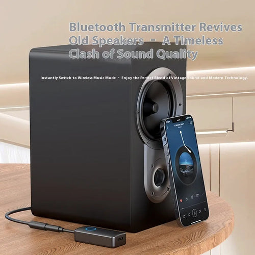 Black Bluetooth 5.4 audio adapter with a 3.5mm aux plug for wireless sound receiving and transmitting.