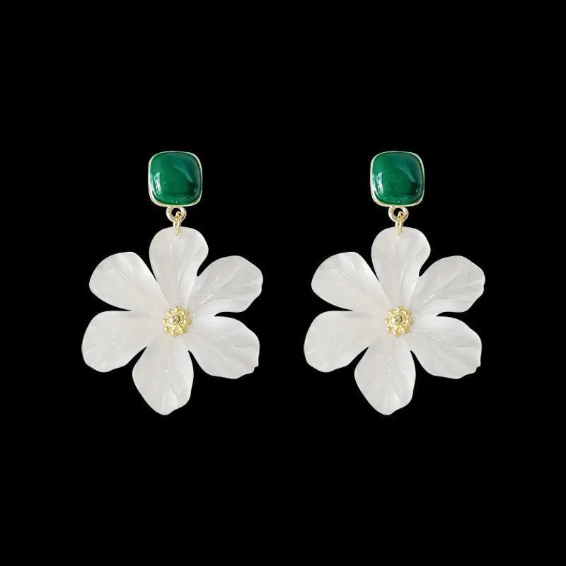 Dark green needle flowers sweet alloy earrings for women with floral dangle drop design
