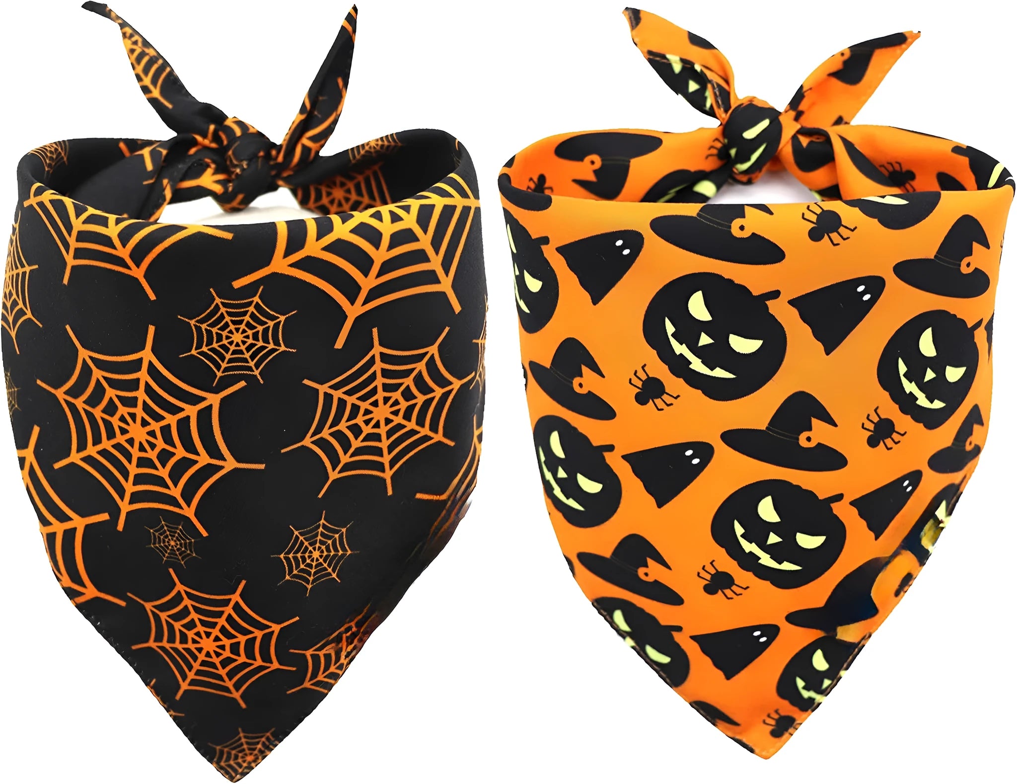 Black and orange reversible triangle dog bandana with Halloween pumpkin and spider web patterns.