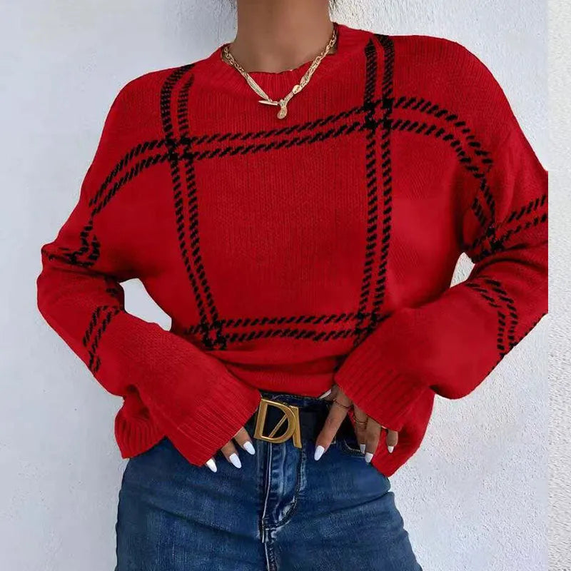 Women's loose casual plaid colour-block crew neck sweater with striped pattern