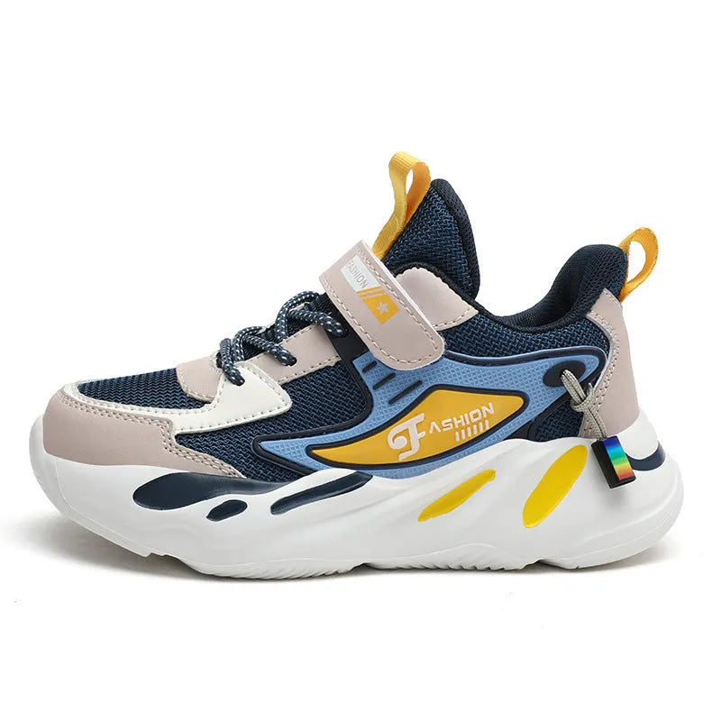 Boy's dark blue and black Velcro-fastened platform sports running shoes with breathable mesh upper.