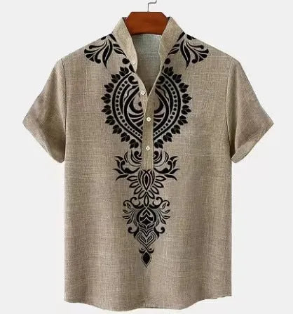 Men's striped loose fit casual shirt with personalised buttons on a hanger.