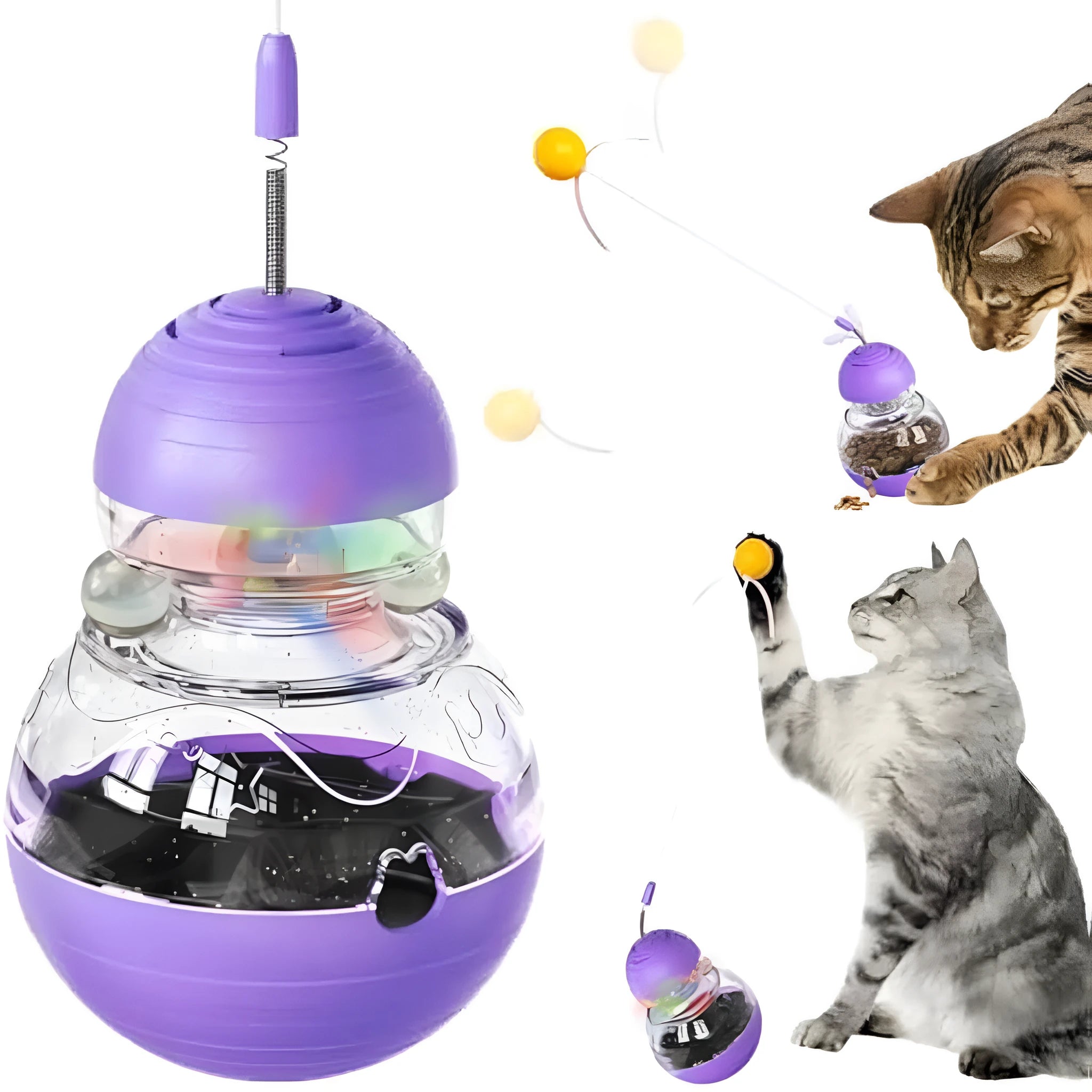 Electric yellow cat wand toy with teaser stick, plastic ball and slow feed dispenser on rocking base