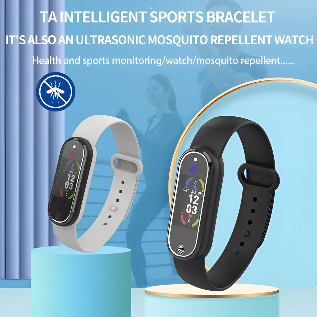 Ultrasonic mosquito repellent bracelet in black and white, wristband style, USB rechargeable, for outdoor family use
