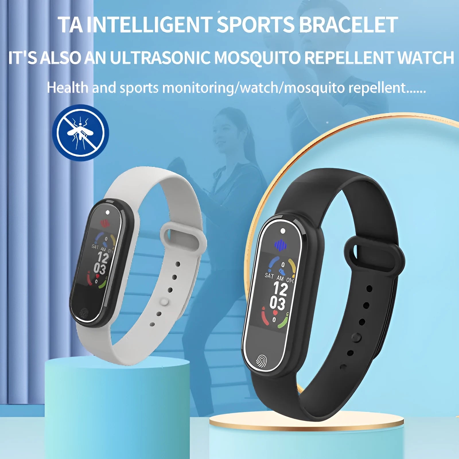 Ultrasonic mosquito repellent bracelet in black and white, wristband style, USB rechargeable, for outdoor family use