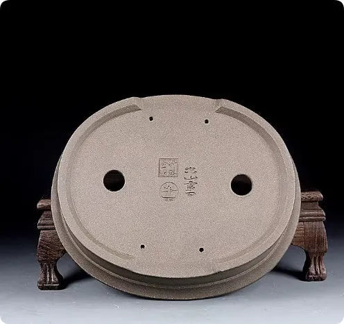 Handmade antique style oval purple sand ceramic bonsai pot, 25cm long by 21cm wide.