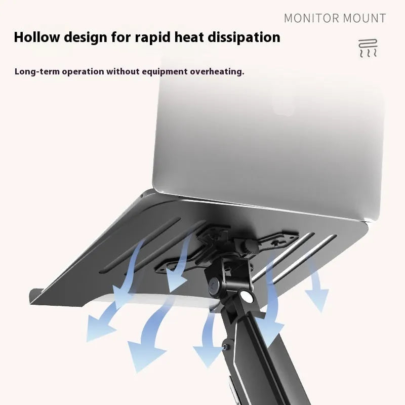 Aluminium alloy laptop support with suspended cooling and mechanical arm base on a desk