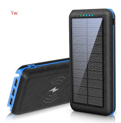 Black portable power bank with solar panel, wireless charging surface, and three USB output ports