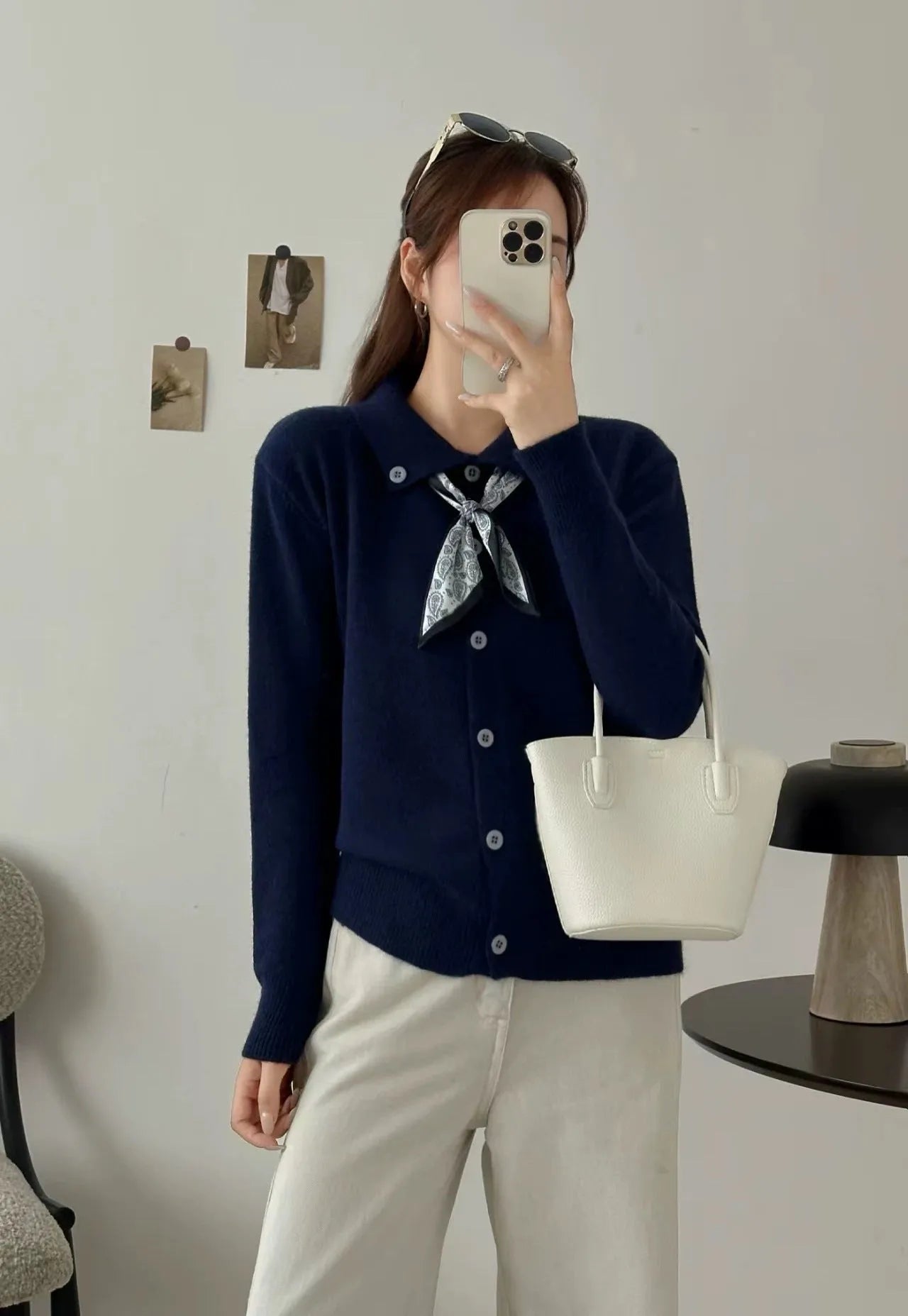 Women's milky white acrylic cardigan with attached lapel scarf and long sleeves
