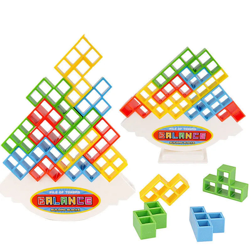 Plastic balance stacking game with 16 coloured blocks, chassis and base on table