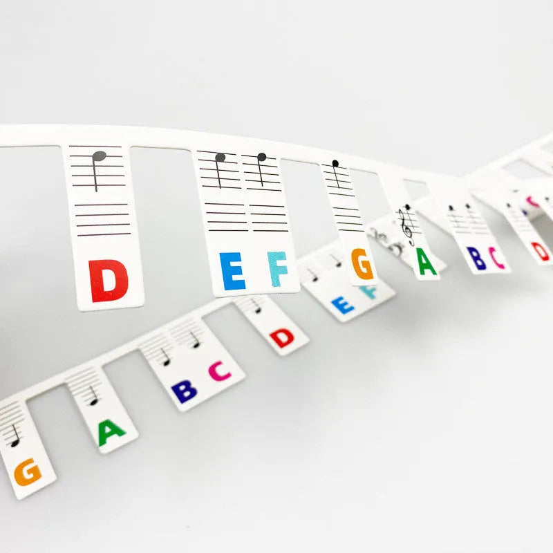 White cardboard piano keyboard stickers for 88 keys showing colour note bars and black notes