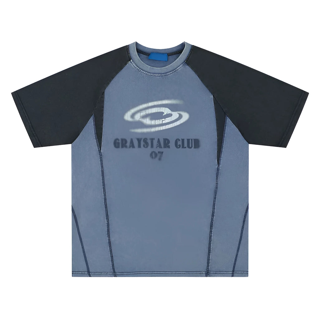 Men's blue hip hop letter print cotton T-shirt with raglan sleeves in loose fit