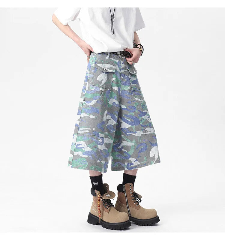 Men's camouflage cropped denim trousers with straight leg and workwear pocket styling