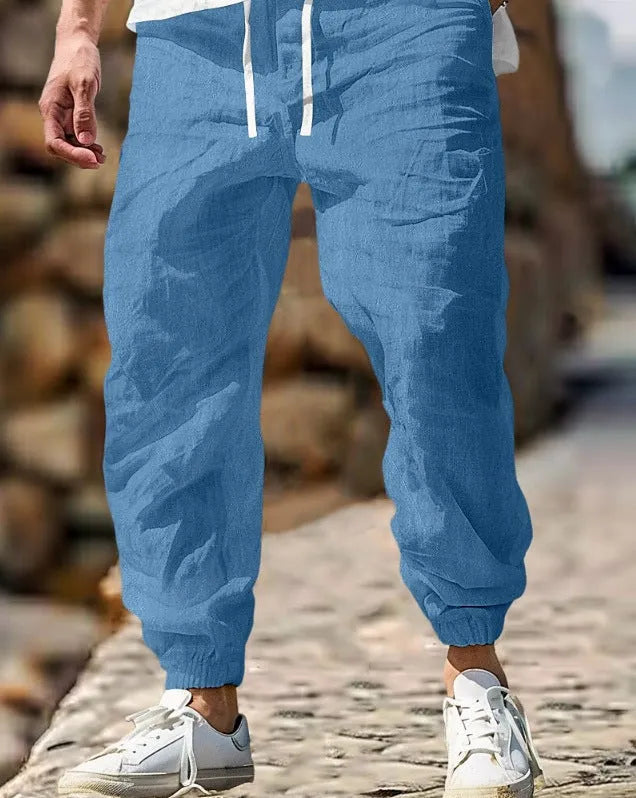 Men's straight-leg cotton summer trousers with elastic waistband in multiple colour options
