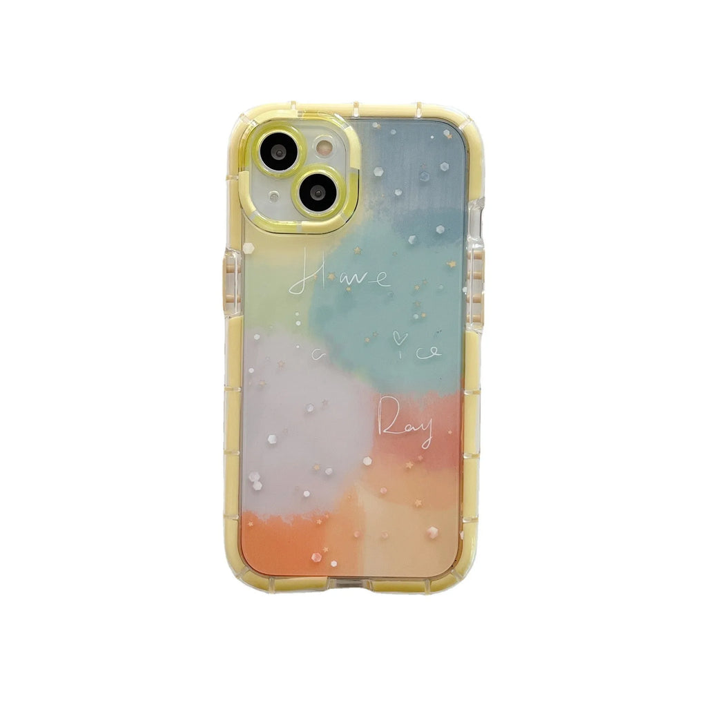 Minimalist contrast colour silicone iPhone case with yellow edge showing front and back views