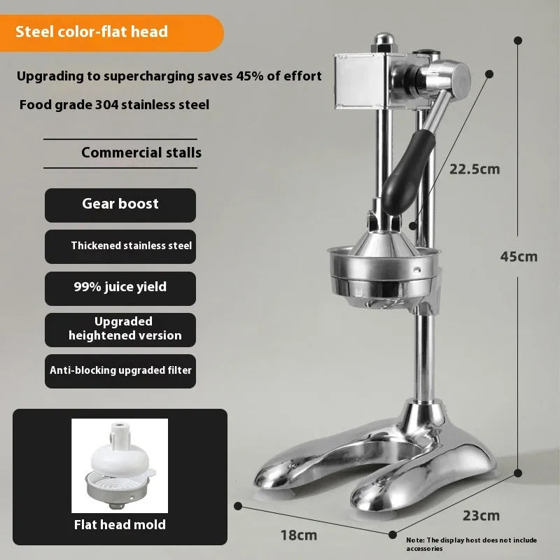 Vertical stainless steel manual juicer with zinc alloy base in choice of colours with pointed, flat or double head options