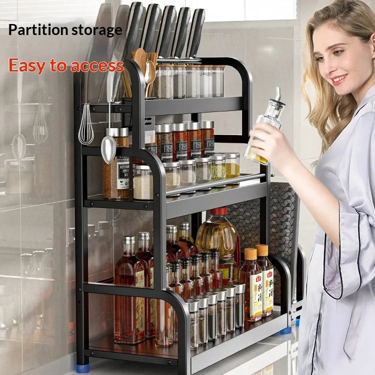 Carbon steel kitchen storage shelf floor rack with knife holder and six hooks
