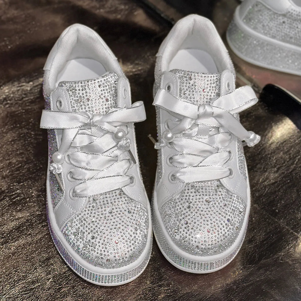 White low-top starry rhinestone casual women's shoes with rubber sole and cotton lining