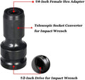Telescopic steel bit holder adapter converting 1/2 inch square drive to 1/4 inch hex drive with O-ring bolt.