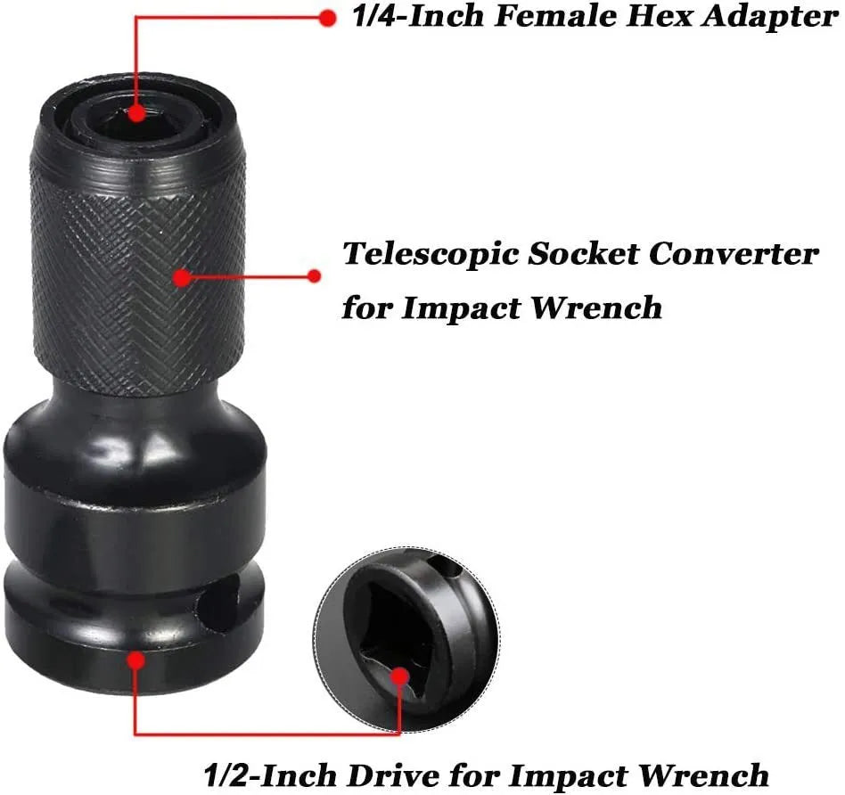 Telescopic steel bit holder adapter converting 1/2 inch square drive to 1/4 inch hex drive with O-ring bolt.