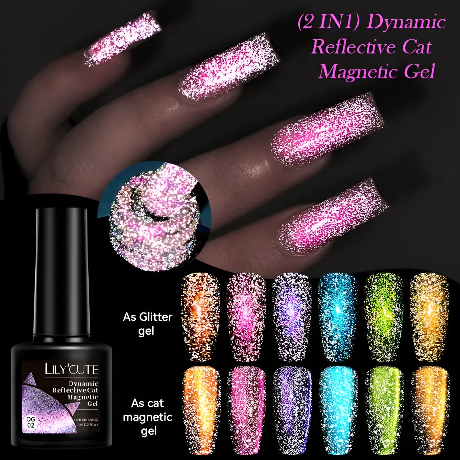 Six bottles of cat eye effect UV gel nail polish with diamond glitter and included nail glue.