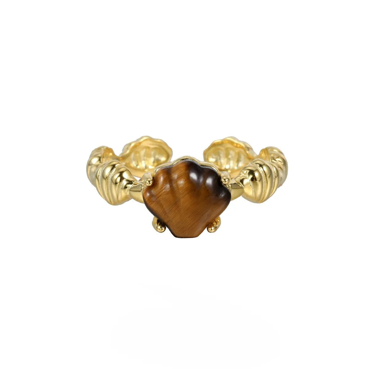 Women's adjustable silver ring with sculpted shell design and tiger eye stone in gold finishes